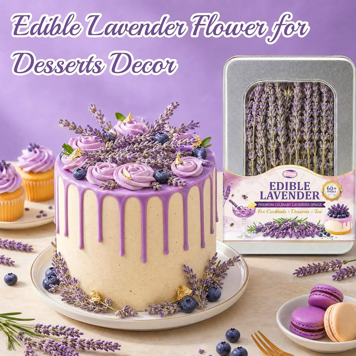 60+ PCS Edible Lavender Sprigs 1.1oz for Cocktails & Dessert Decor
