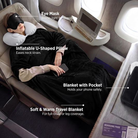Bedsure Travel Blanket Set with Inflatable Neck Pillow and Eye Mask - Lightweight 3-in-1 Airplane Packable Blanket, Compact Travel Essentials, Grey