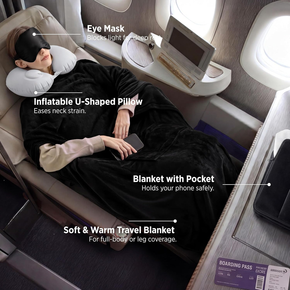 Bedsure Travel Blanket Set with Inflatable Neck Pillow and Eye Mask, Grey