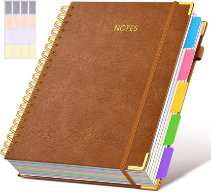 Hardcover Spiral Notebook journal with Removable Dividers Tabs, 300 Pages Leather 5 Subject Notebook College Ruled, 8"x10" Large B5 Notebooks for Work School Note taking, Lined Journal for Women,Black