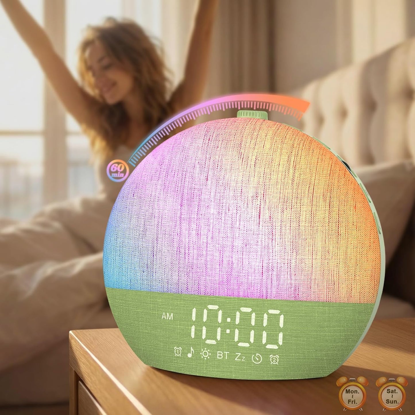 Sunrise Alarm Clock with Sound Machine - Wake Up Light, Wood Grain, Bluetooth, Dual Digital Alarm Clocks for Bedrooms, Adjustable Brightness, 30 Sleep Sounds, White Noise Machine for Baby & Adults