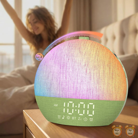 Sunrise Alarm Clock with Sound Machine - Wake Up Light, Wood Grain, Bluetooth, Dual Digital Alarm Clocks for Bedrooms, Adjustable Brightness, 30 Sleep Sounds, White Noise Machine for Baby & Adults