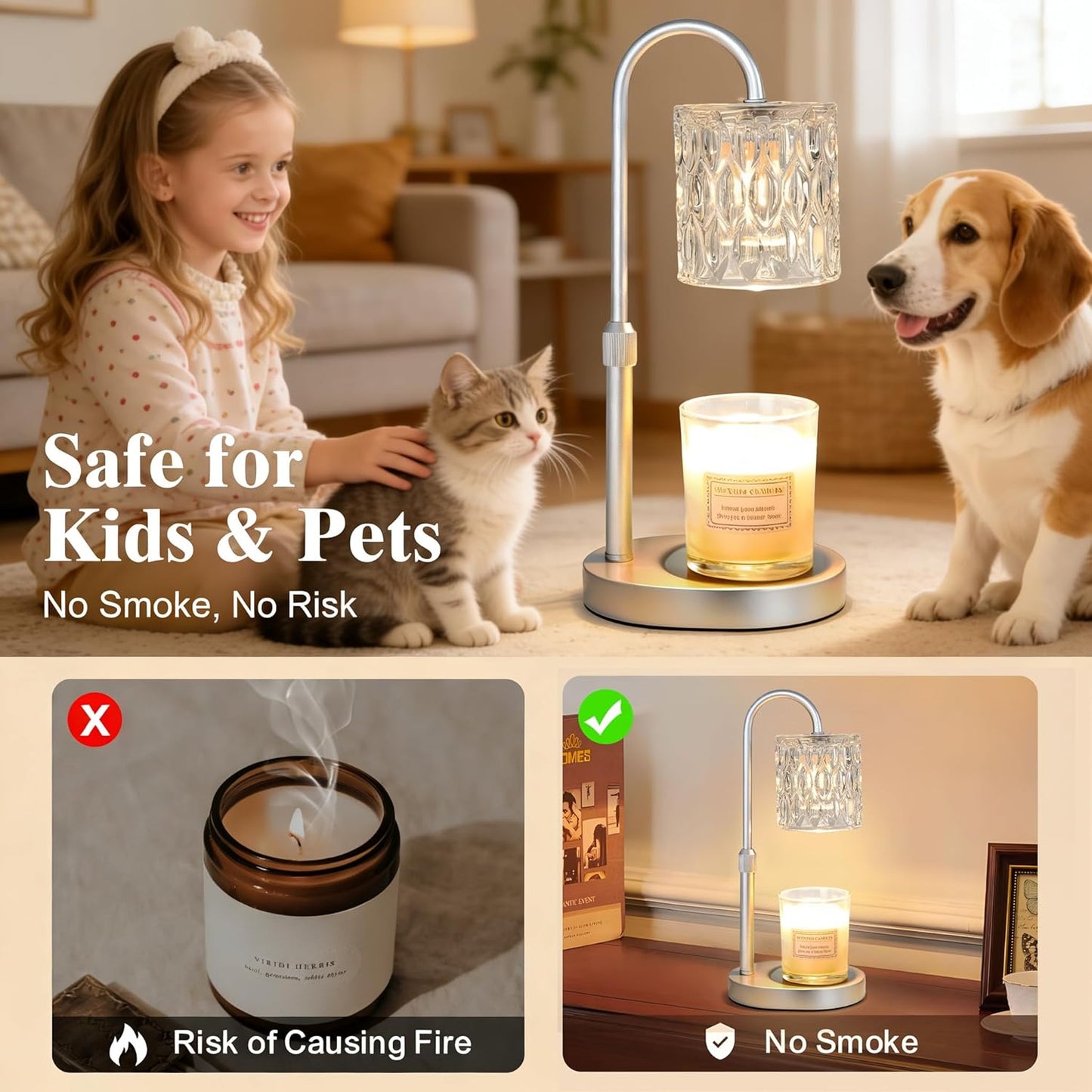 Dreamholder Electric Candle Warmer Lamp with Timer, Dimmable Candle Lamp with Adjustable Height, Wax Melter for Jar Candles Wood Base Floral Home Decor Gifts for Women Mom, Silver Glass