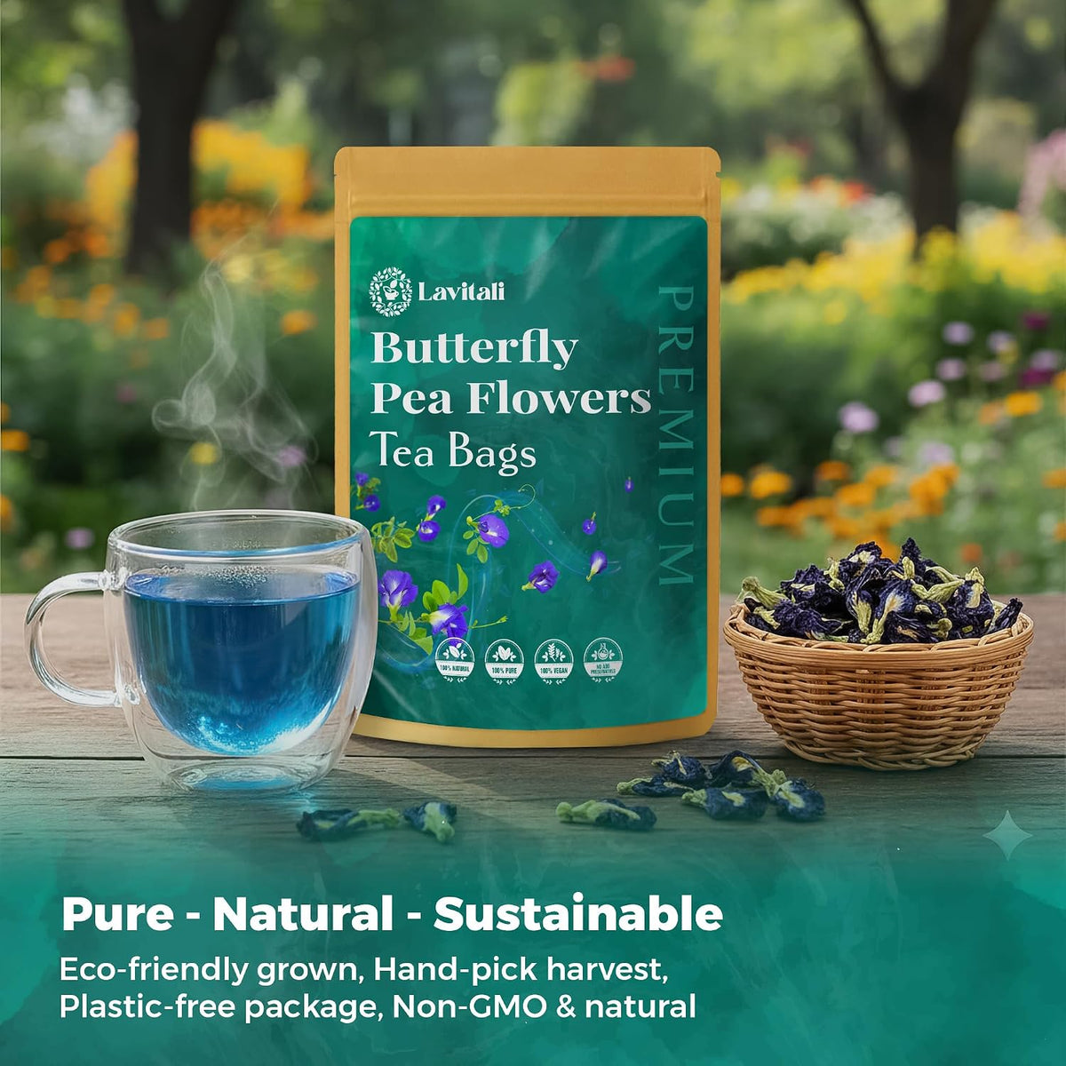 Lavitali, Butterfly Pea Flower Tea | 120 bags, 100% Pure Herbal Tea | Caffeine-Free, Antioxidant-Rich, Eco-Friendly Filter Bag | Daily Natural Botanical, Hot or Iced Floral Infusion