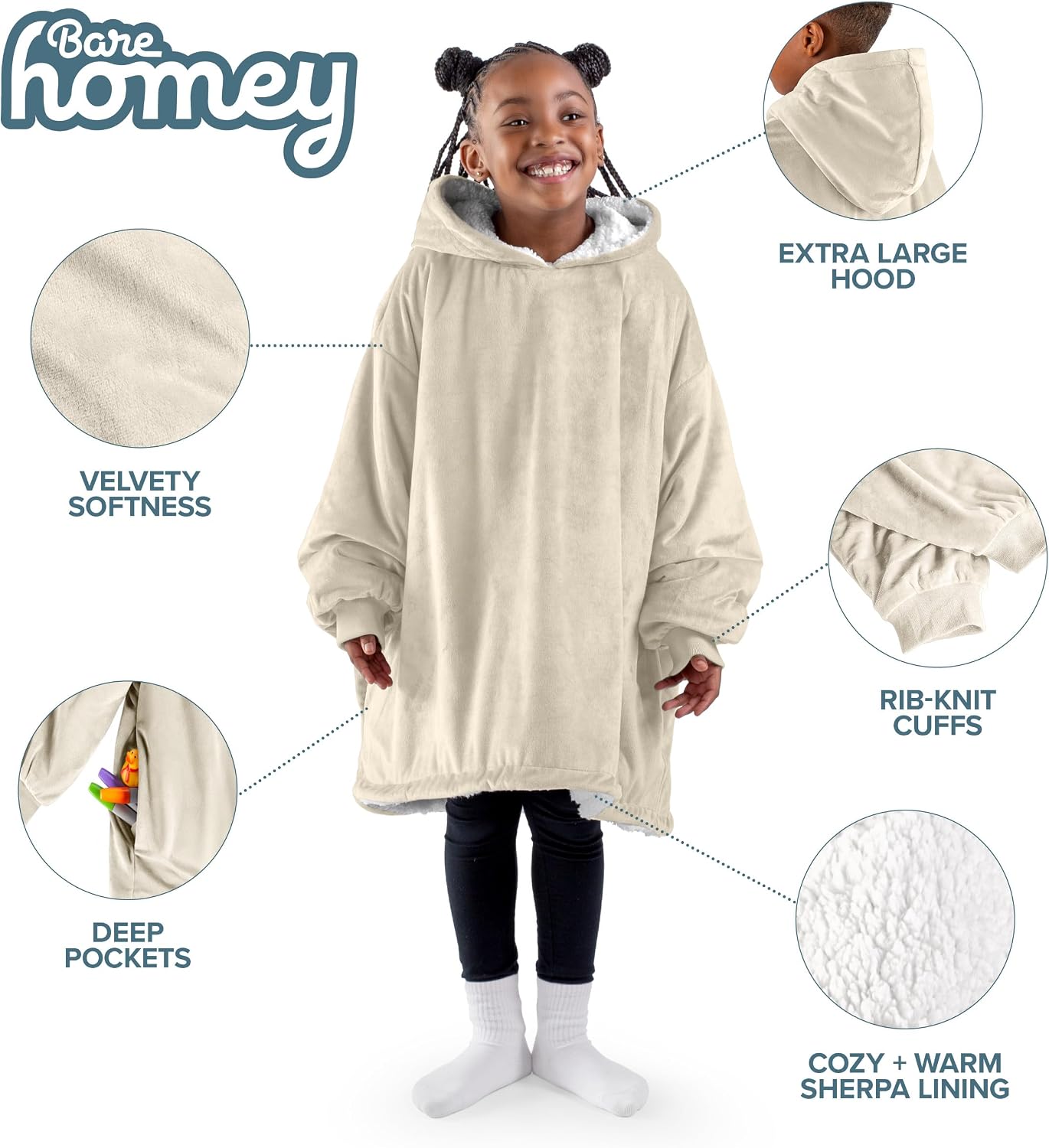 Bare Home Wearable Blanket Hoodie - Soft Plush Sherpa - Warm and Cozy - Oversized Wearable Blanket