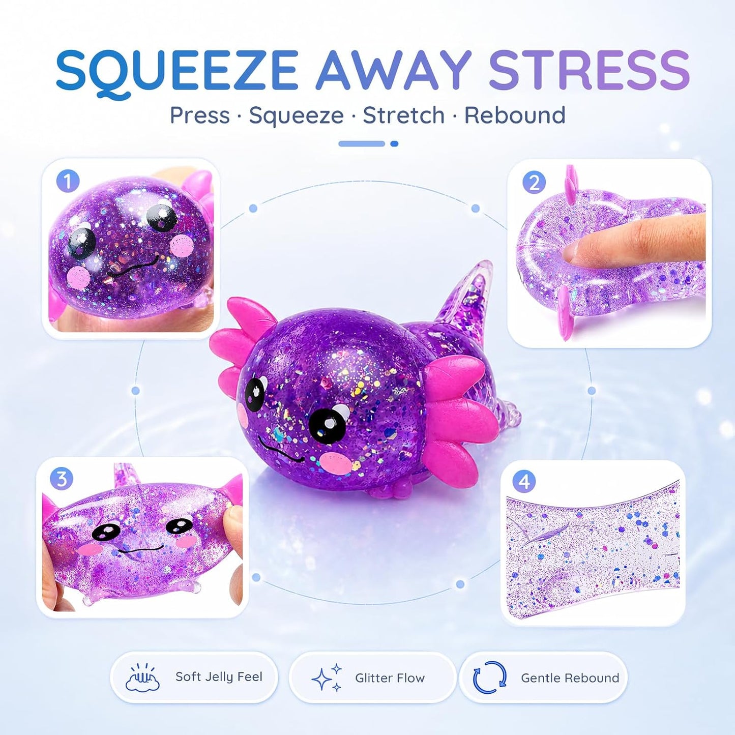 Axolotl Squishy Toy, Cute Glitter Stress Relief Fidget Toy, Soft Squeeze Sensory Toy for Kids Adults, Axolotl Squishy Stress Ball Anxiety Calming Desk Toy Party Favor Handheld Fidget (Yellow)