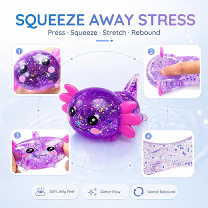 Axolotl Squishy Toy, Cute Glitter Stress Relief Fidget Toy, Soft Squeeze Sensory Toy for Kids Adults, Axolotl Squishy Stress Ball Anxiety Calming Desk Toy Party Favor Handheld Fidget (Yellow)