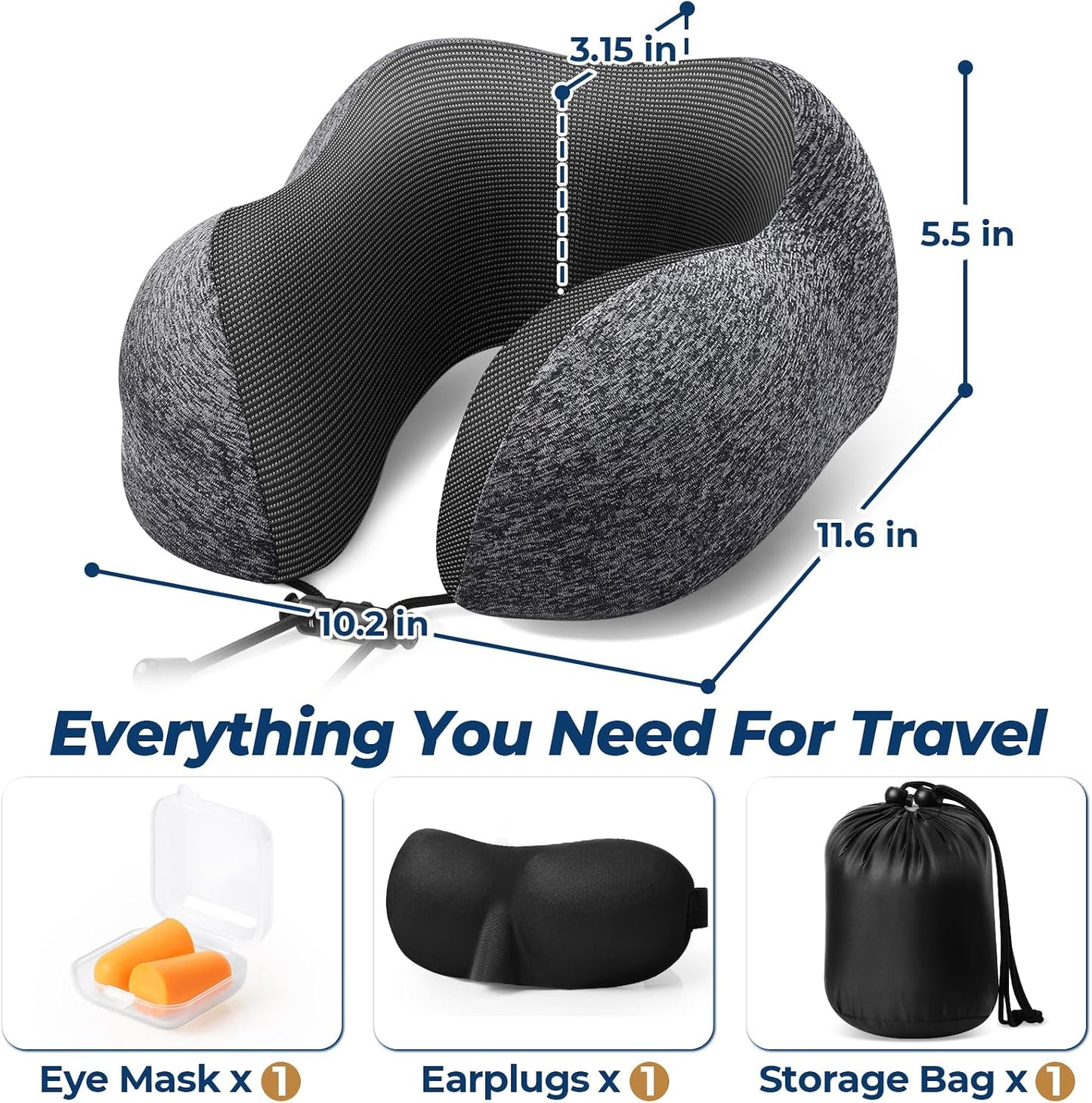 ExploreBliss Travel Pillow, Travel Pillows for Sleeping Airplane, Neck Pillow Airplane, Memory Foam Neck Pillow Set with Eye Mask, Earplugs and Storage Bag -Grey