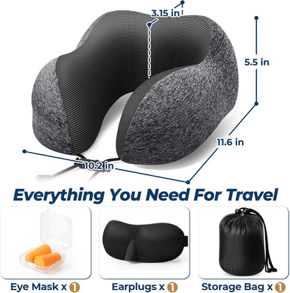 ExploreBliss Travel Pillow, Travel Pillows for Sleeping Airplane, Neck Pillow Airplane, Memory Foam Neck Pillow Set with Eye Mask, Earplugs and Storage Bag -Grey
