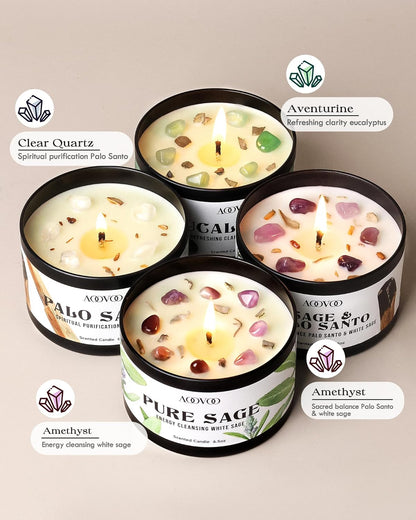 AOOVOO Sage Candle for Cleansing - 3 Wick 12oz Large Scented Candle with Crystals & Sage Leaves Inside, Soy Candles Non Toxic for Meditation Spiritual Gift, Aromatherapy Candle for Women Men