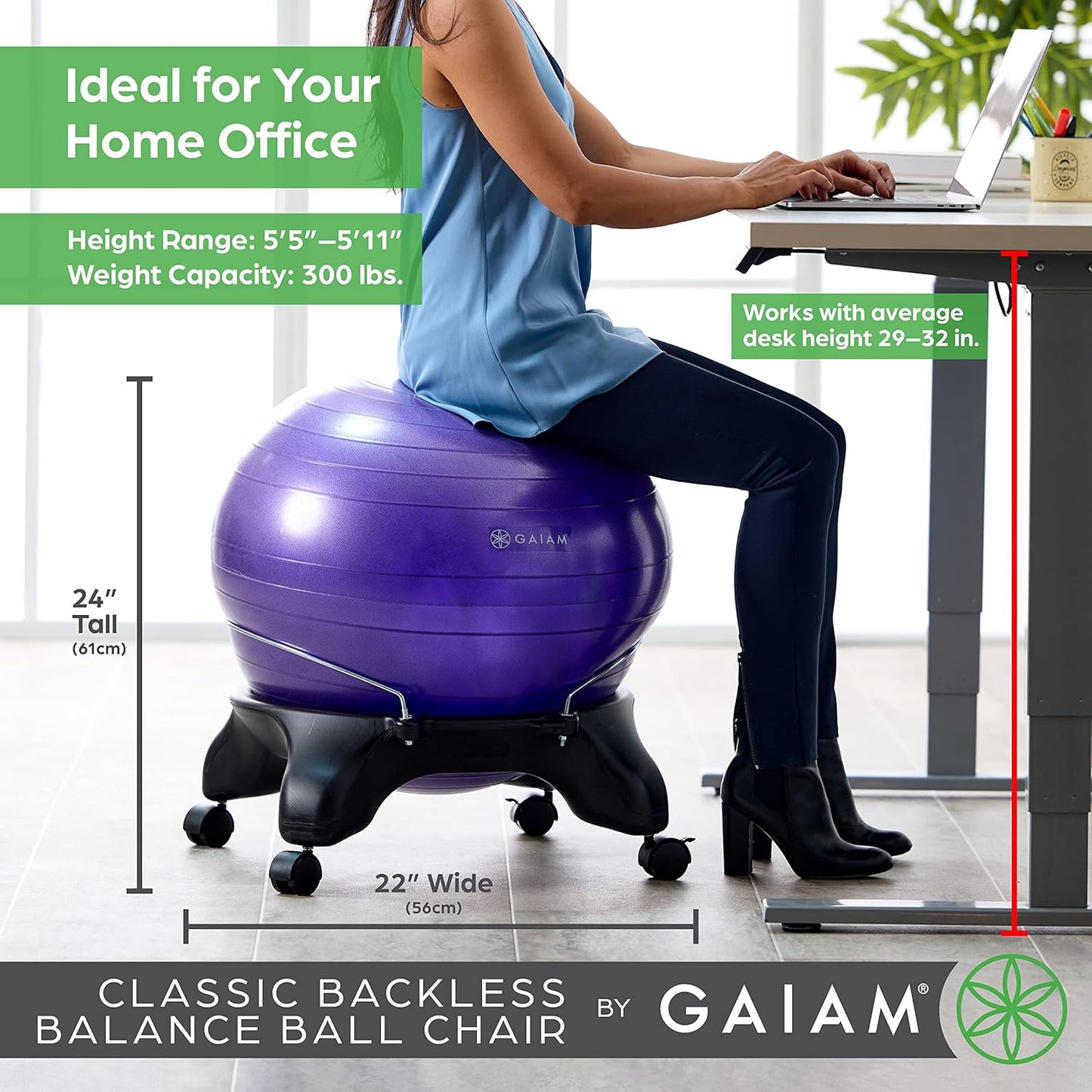 Gaiam Classic Balance Ball Chair – Ergonomic Stability Chair for Desk & Office | Yoga Ball Seat with Base, Air Pump, & Exercise Guide | Improves Posture & Core Strength (300 lb Capacity)