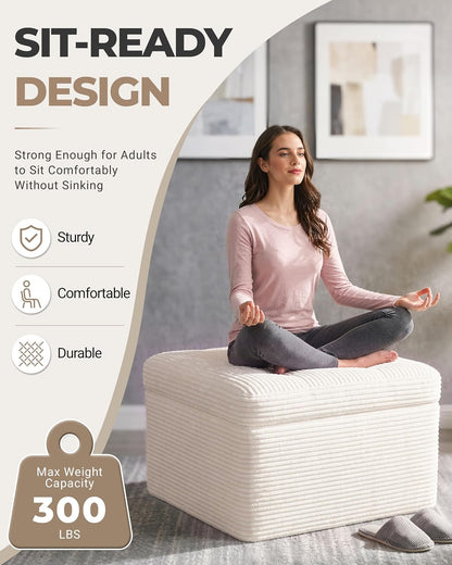 23.6in Pouf Ottoman, Corduroy Ottoman Foot Rest with Dual‑Layer Support, Large Plush Pouf with Soft Chunk‑Foam Top & Firm Foam Base, Floor Foot Stool for Living Room, Beige