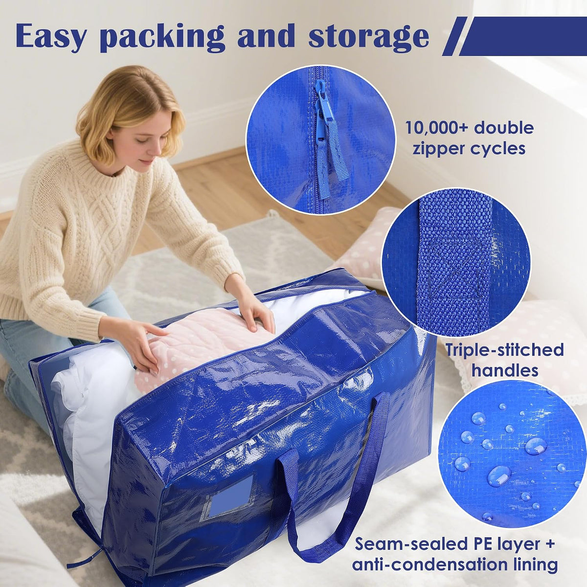 Moving Bags Heavy Duty 210GSM with Full-Open Side Zipper, 93L 220lbs Waterproof Foldable Storage Totes for College Dorm Move-In, Moving Boxes Alternative & Home Organization, Blue