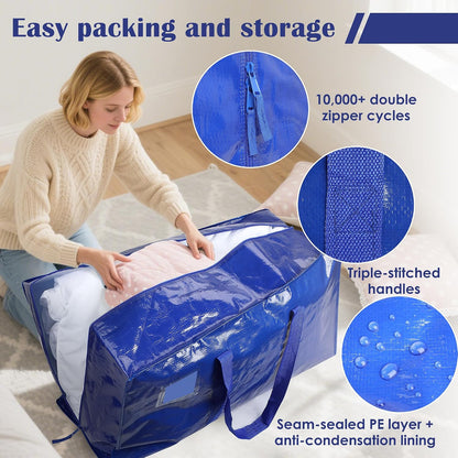 Moving Bags Heavy Duty 210GSM with Full-Open Side Zipper, 93L 220lbs Waterproof Foldable Storage Totes for College Dorm Move-In, Moving Boxes Alternative & Home Organization, Blue