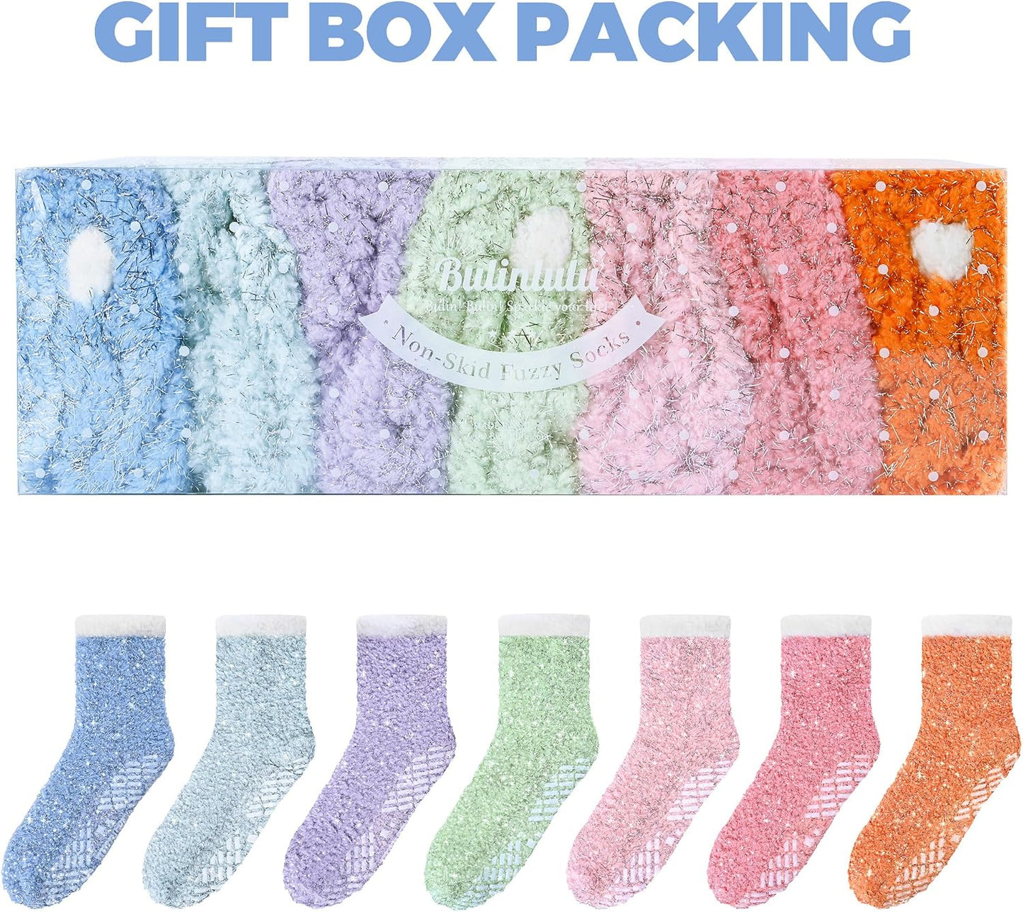 Bulinlulu Fuzzy Socks with Grips Plush Sleep Cozy Winter Soft Hospital Fluffy Socks for Womens Mens Gifts