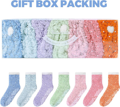 Bulinlulu Fuzzy Socks with Grips Plush Sleep Cozy Winter Soft Hospital Fluffy Socks for Womens Mens Gifts