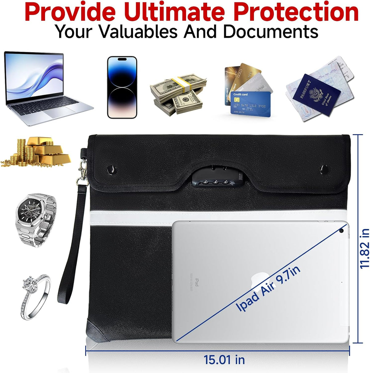 Fireproof Document Bag with Lock, 15x12 in Waterproof for Cash Passport