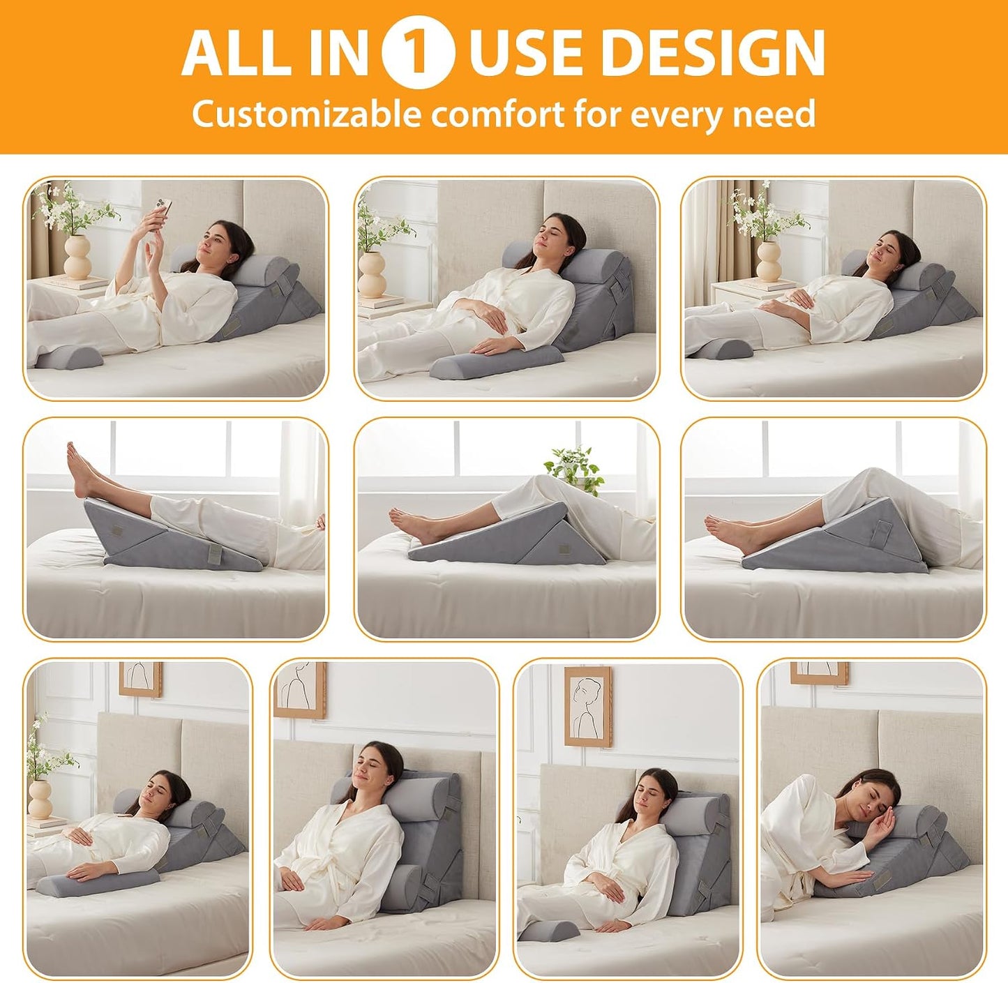 Ruqmuis Wedge Pillow Set for After Surgery, 3PCS Adjustable 9&12 Inch Bed Wedge Pillow for Sleeping, Incline Pillow Wedge for Headboard, Post Surgery, Acid Reflux, Neck&Back Support, White/Grey