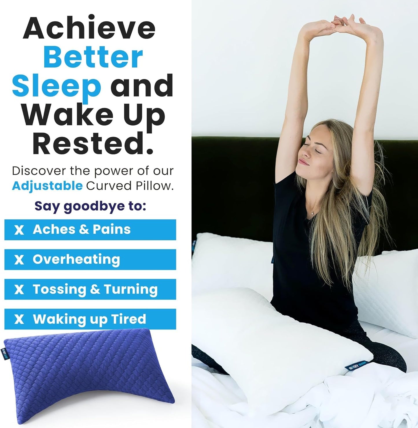 Sidney Sleep Adjustable Curved Pillows for Neck and Shoulder Support with Extra Shredded Fill - Cervical Contour Pillow for Side and Back Sleepers - Queen Size 19" x 29" CertiPUR-US Certified (White)
