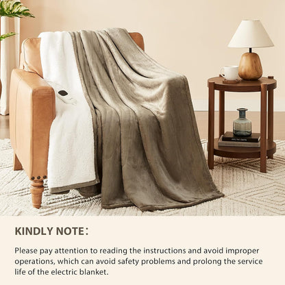 Homemate Heated Blanket Electric Throw - 50"x60" Heating Blanket Throw 1/2/4/6/8 Hours Auto-Off 10 Heat Level Over-Heat Protection Flannel Sherpa ETL Certification