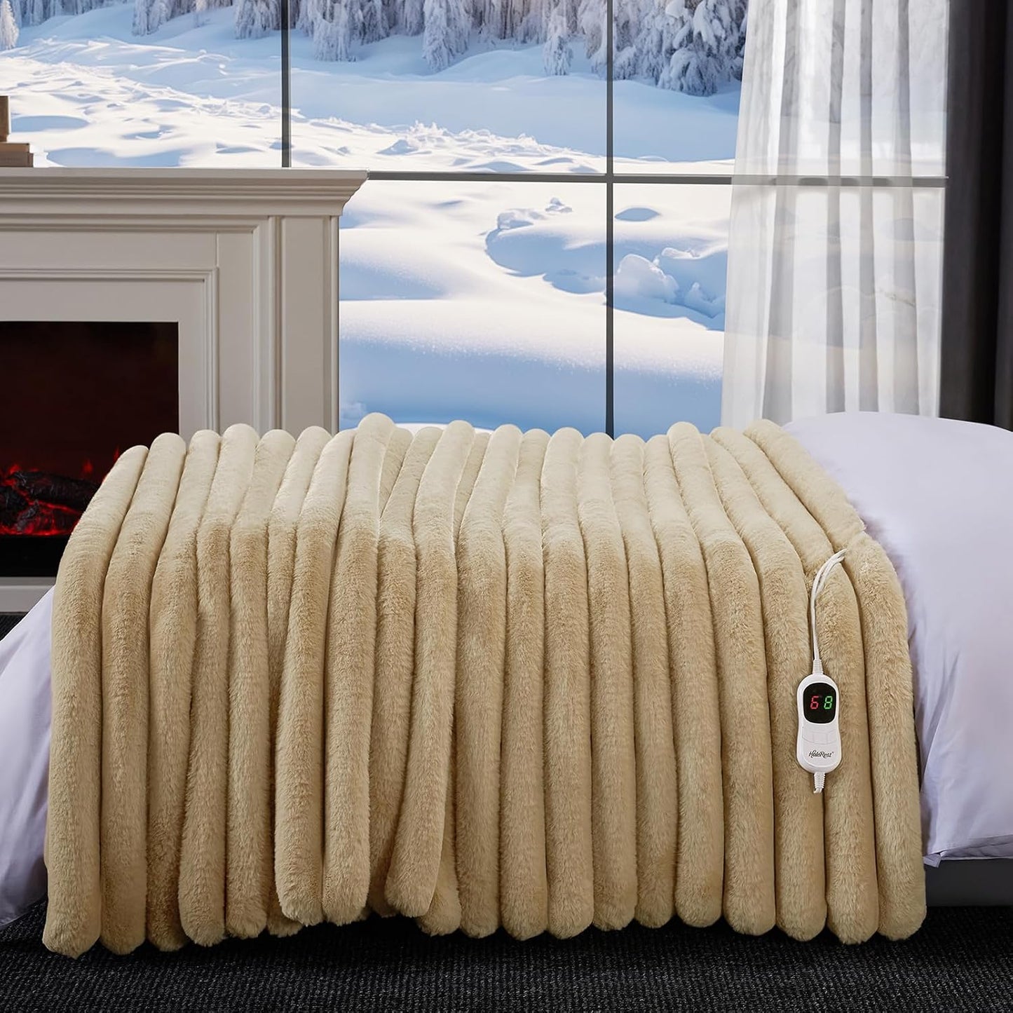 Heated Throw Blanket, Faux Fur Cozy Heating Blanket with Overheat Protection, 1/2/4/6/8 Hours Auto-Off 10 Heat Level, Machine Washable (50x60 Inches, Cream White)