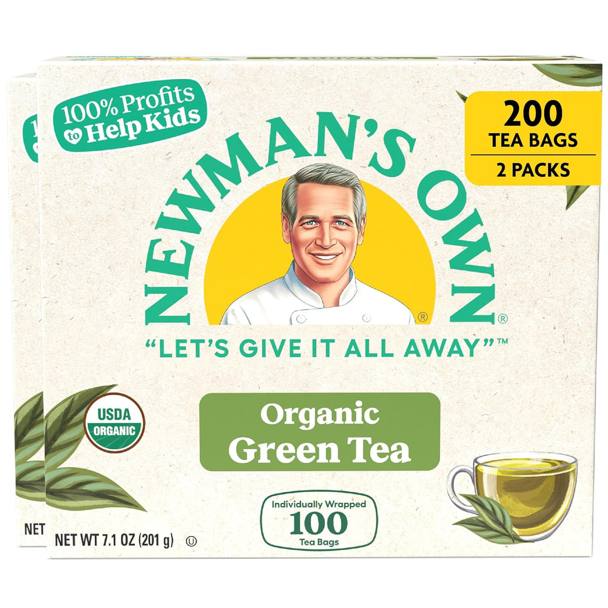 Newman's Own Organic Green Tea with 100 Individually Wrapped Tea Bags Per Box (Pack of 2) USDA Certified Contains Caffeine Brew Hot