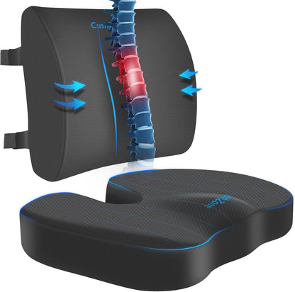 CushZone Ergonomic Seat Cushion & Lumbar Support Pillow - Memory Foam for Sciatica Pain Relief & Posture Correction, Non-Slip Chair Cushions for Office Chair/Car/Wheelchair/Travel (Black)