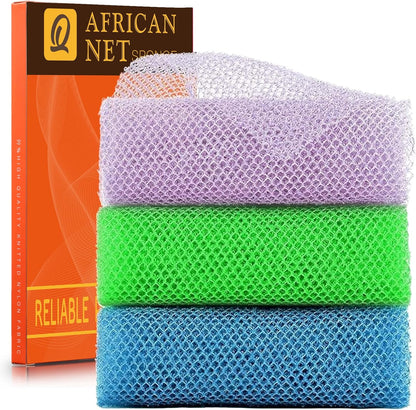 UJFQBH 3 Pieces African Bath Sponge African Net Long Net Bath Sponge Exfoliating Shower Body Scrubber Back Scrubber Skin Smoother,Great for Daily Use (Pink,Yellow,Purple)