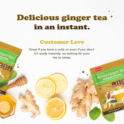 Pocas Honey Ginger Instant Tea Powder, Soursop Flavor, Ginger Extract & Real Sweetener, Caffeine-Free Tea, 20 Packets per Box
