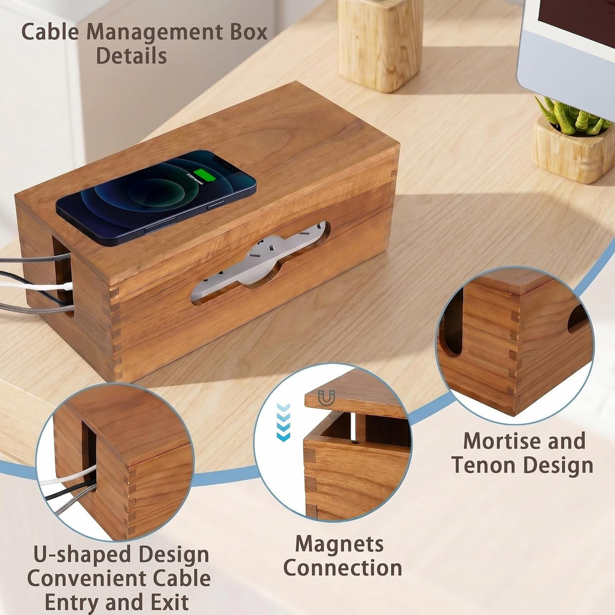 Cable Management Box,Cord Organizer Hide Desk Floor Wires,Home Office,Wood
