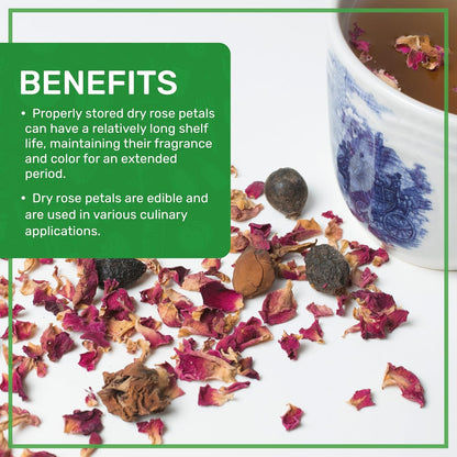 Jiva USDA Organic Dried Red Rose Petals 6 Oz (170g) Large Bag - Food Grade, Edible Flowers - Use in Tea, Baking, Making Rose Water, Crafting, Wedding Confetti
