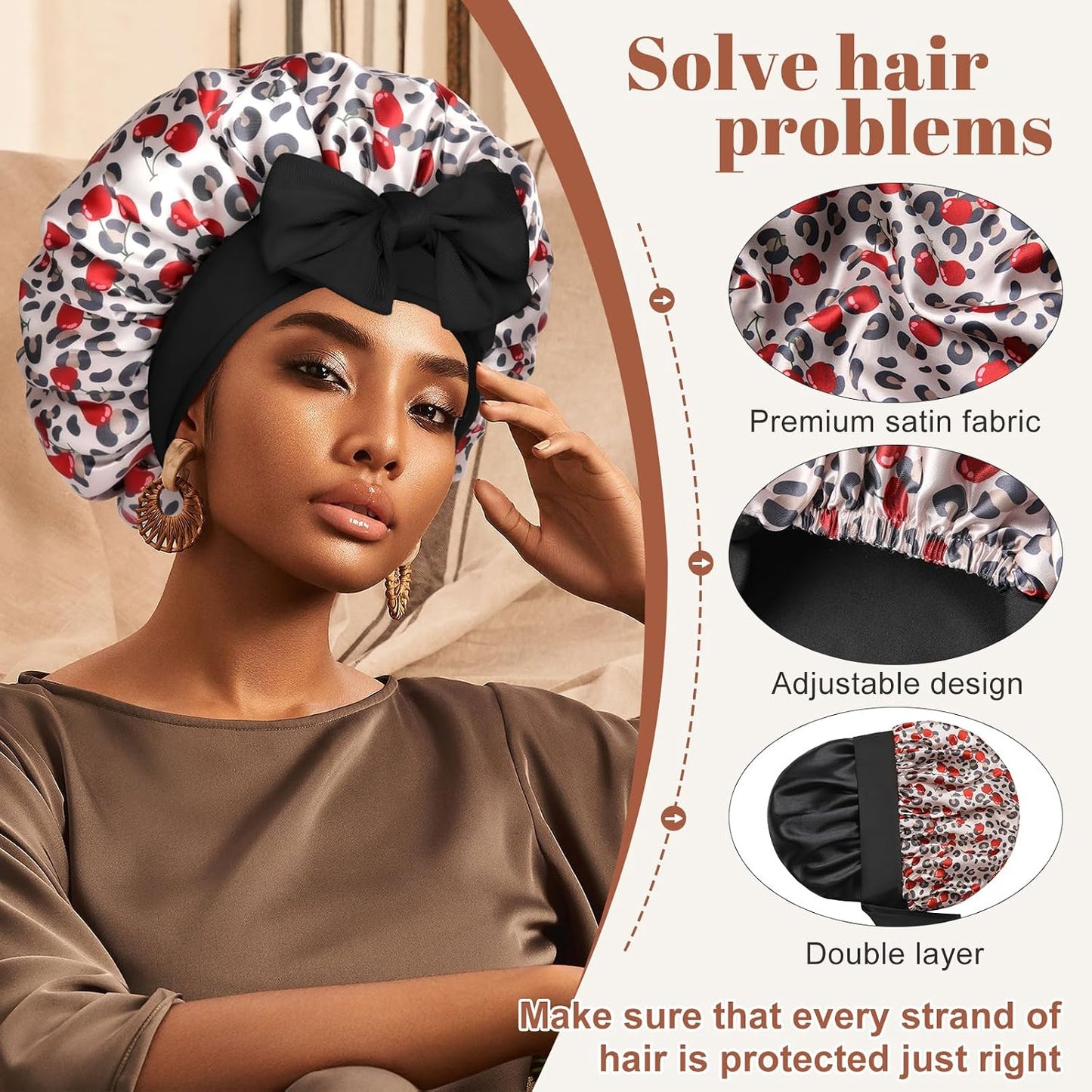 Satin Bonnet for Sleeping Cap Double Layer Hair Bonnet with Elastic Tie Band for Curly Hair Night Cap (Bean Paste + Pink)