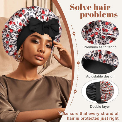 Satin Bonnet for Sleeping Cap Double Layer Hair Bonnet with Elastic Tie Band for Curly Hair Night Cap (Bean Paste + Pink)
