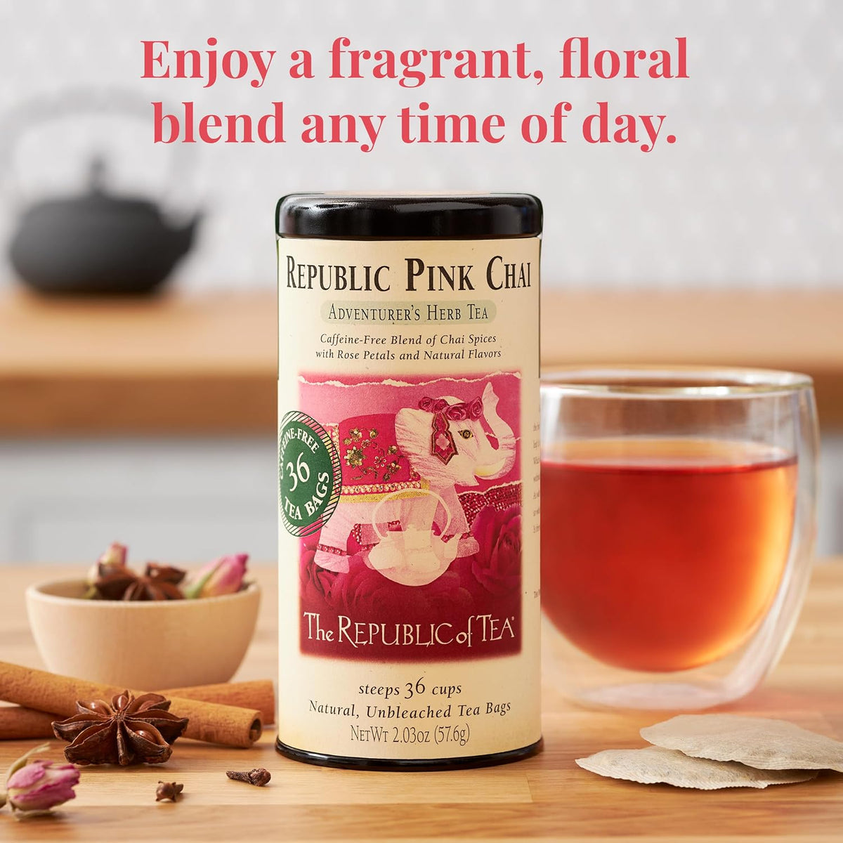 The Republic of Tea — Republic Pink Chai Herbal Tea Tin, 36 Tea Bags, Naturally Caffeine Free