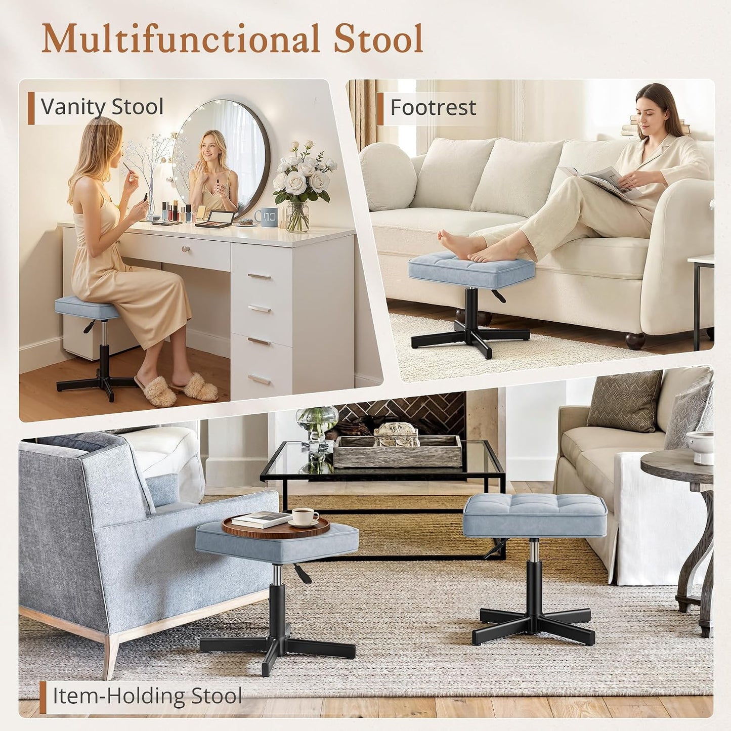 LUE BONA Adjustable Vanity Stool, Foot Rest Under Desk, 360° Swivel Vanity Chair for Makeup Room, Black Upholstered Faux Leather Ottoman for Bathroom & Living Room, 300lbs