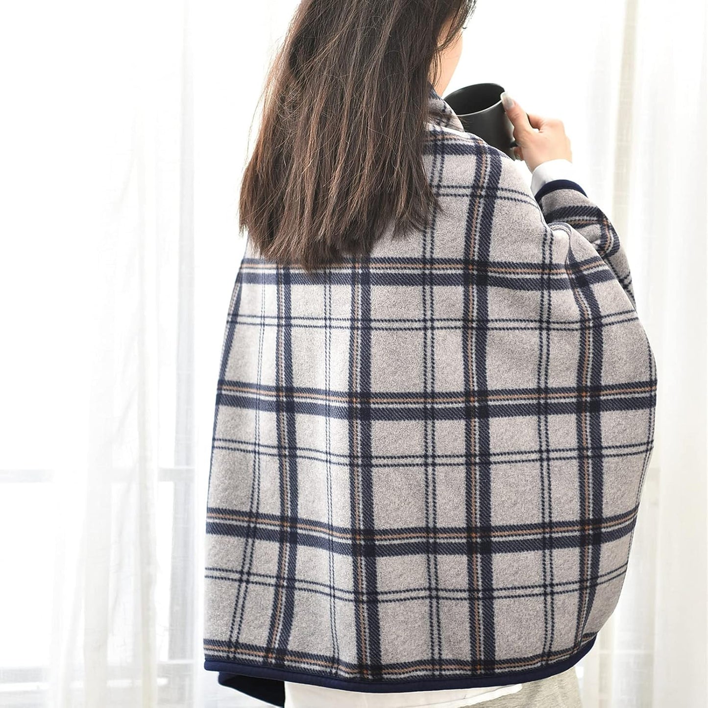 forestfish Fleece Wearable Blanket, Plaid Lap Blanket Comfy Poncho Throw with Buttons for Bed Sofa Office, Grey-White