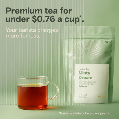 Viante Minty Dream Caffeine Free Herbal Tea, Loose Leaf Peppermint Tea with Rooibos and Passionflower, Naturally Caffeine Free Evening Tea, Calm Wind Down Blend, 3.5 oz Resealable Pouch