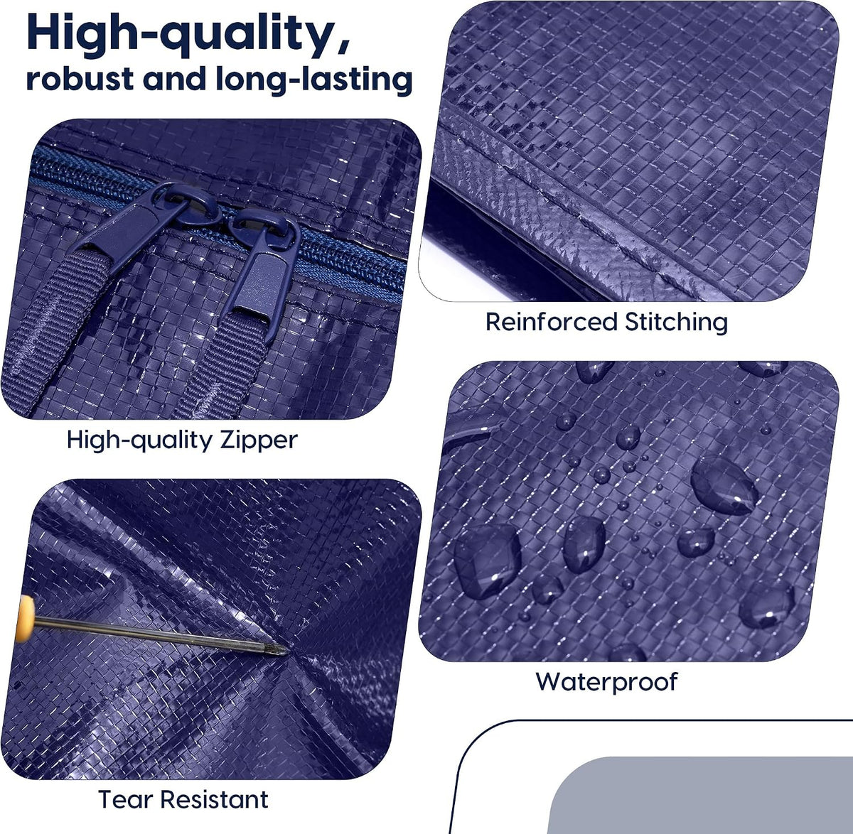 Moving Bags Heavy Duty 210GSM with Full-Open Side Zipper, 93L 220lbs Waterproof Foldable Storage Totes for College Dorm Move-In, Moving Boxes Alternative & Home Organization, Blue