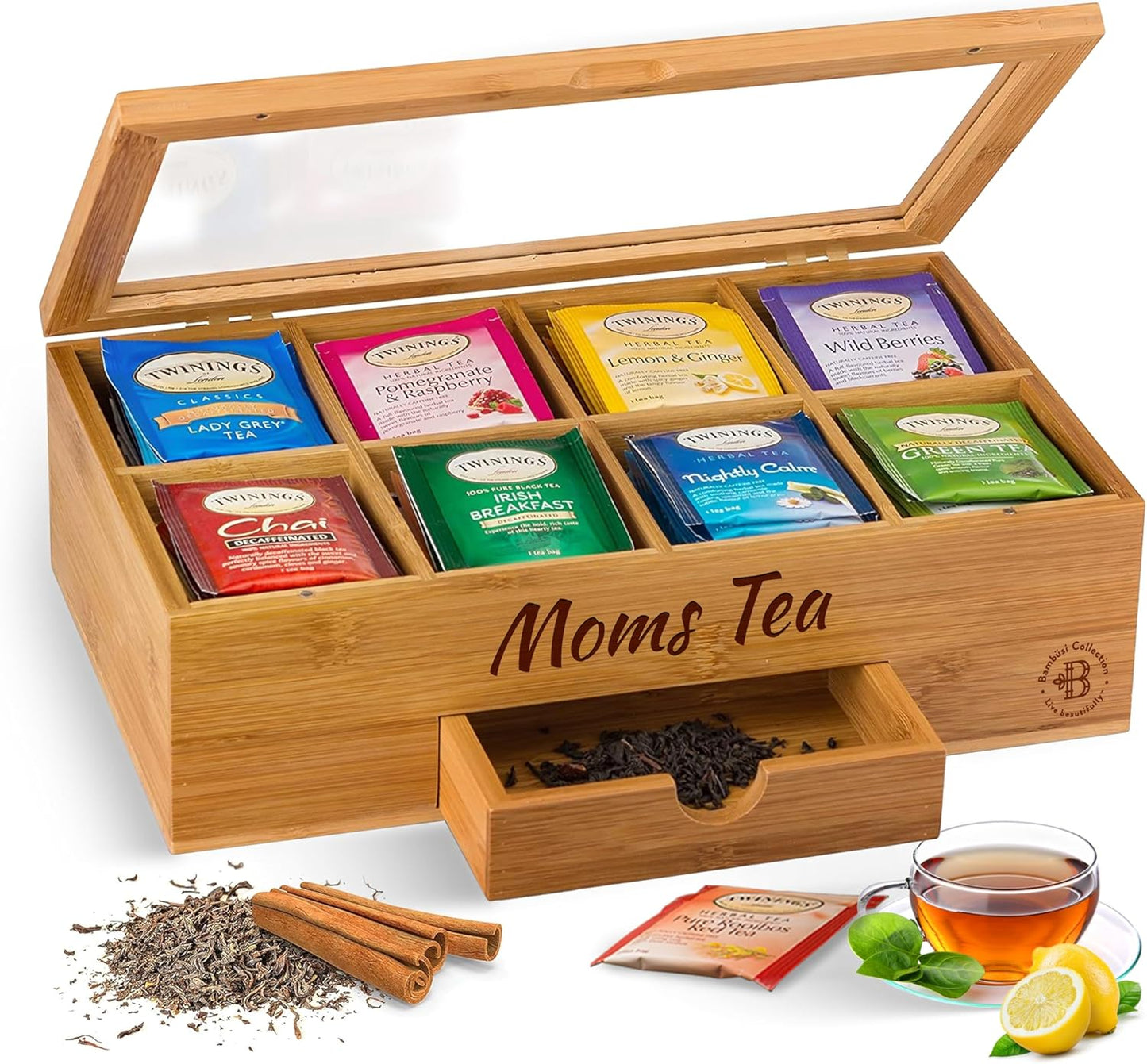 Tea Bag Organizer with Drawer - Bamboo Tea Box Organizer, 8-Compartment Tea Storage Box with Acrylic Lid and Magnetic Closure, Tea Box for Kitchen Counter, Gifts for Mom, Wife, Tea Lovers (White)