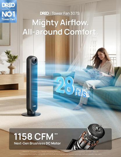 DREO Smart Tower Fan for Bedroom, 28ft/s Velocity, 8 Speeds Ultra Quiet Fan