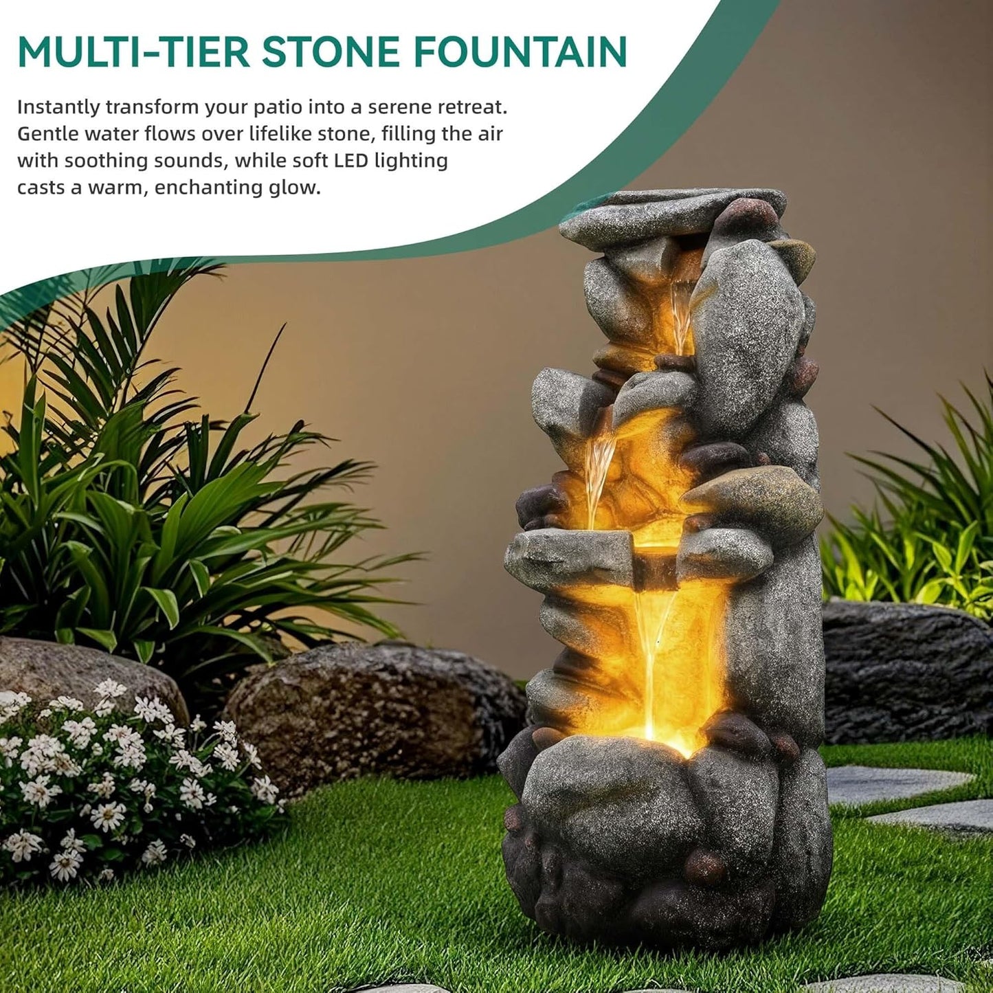 19.5" H 4-Tier Indoor & Outdoor Water Fountain with LED Lights | Resin Pebble Textured Tabletop Cascading Water Feature, Relaxing Decor for Patio, Porch, Deck, Yard & Home