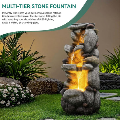 19.5" H 4-Tier Indoor & Outdoor Water Fountain with LED Lights | Resin Pebble Textured Tabletop Cascading Water Feature, Relaxing Decor for Patio, Porch, Deck, Yard & Home