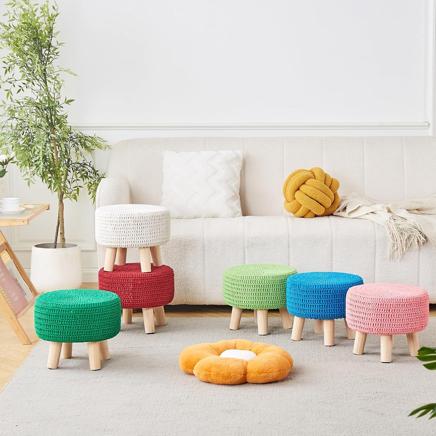 Wimarsbon Pouf Ottoman, 100% Cotton Knitted Boho Footstool, Round Footrest with Non-Skid Wood Legs, Home Décor Handmade Pouffe, Leisure Floor Step Stool for Living Room (Beige)