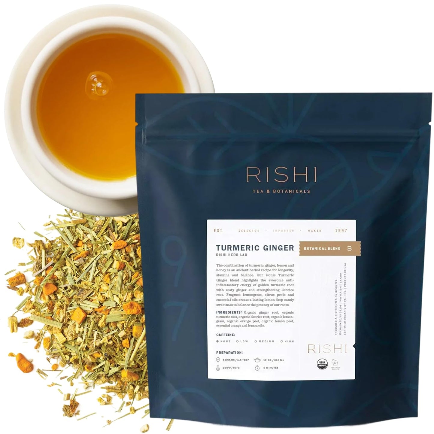 Rishi Tea Turmeric Ginger Herbal Tea - Organic Sachet Bags, Caffeine Free Blend with Spicy Ginger & Citrus, Hot or Iced - 50 Count (Pack of 1)