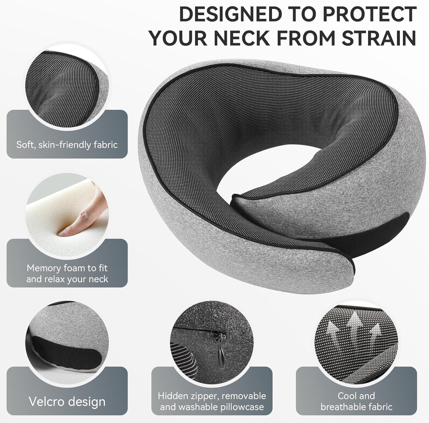 SZXYX Neck Travel Pillows - 100% Pure Memory Foam Neck Pillow for Airplanes, Comfortable Breathable Cover, 360° Support Stowable Pillows for Sleeping, Car, Airport Travel Essentials, Gray