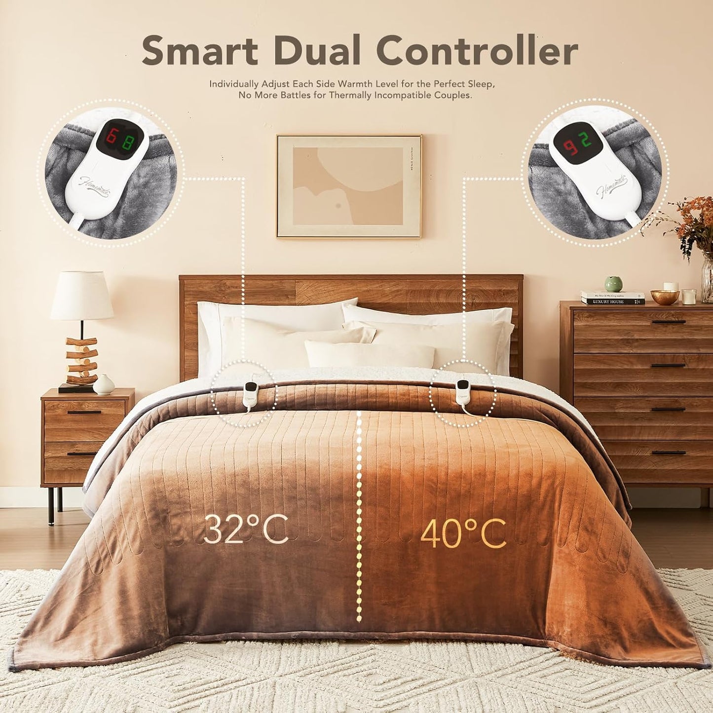 Homemate Electric Heated Blanket Twin - 62"x84" Heating Bed Blankets Throw with 10 Heating Levels 8 Hours Auto Off Fast Heating Over-Heated Protection Ultra Soft Warm Flannel ETL Certified Grey - Colors A