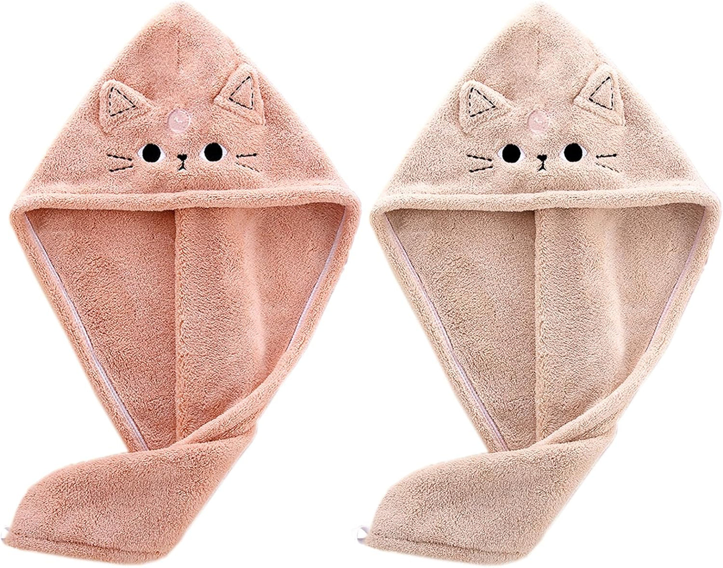 2Pack Microfiber Hair Towel Wrap for Kids, Cute Cat Absorbent Hair Drying Turbans Head Towels for Women Girls (Pink and Gray cat)