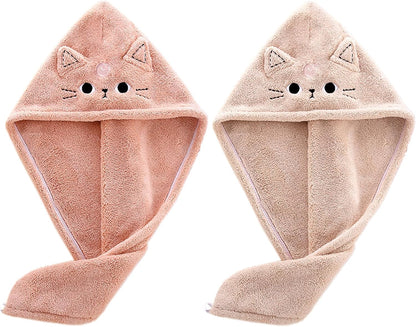 2Pack Microfiber Hair Towel Wrap for Kids, Cute Cat Absorbent Hair Drying Turbans Head Towels for Women Girls (Pink and Gray cat)