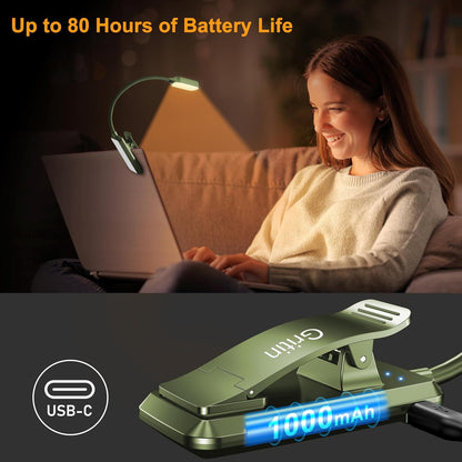 Gritin 16 LED Rechargeable Book Light for Reading in Bed- Eye Caring 3 Color Temperatures, Stepless Dimming Brightness, 80 Hrs Runtime, Lightweight Flexible Clip on Light for Book Lovers