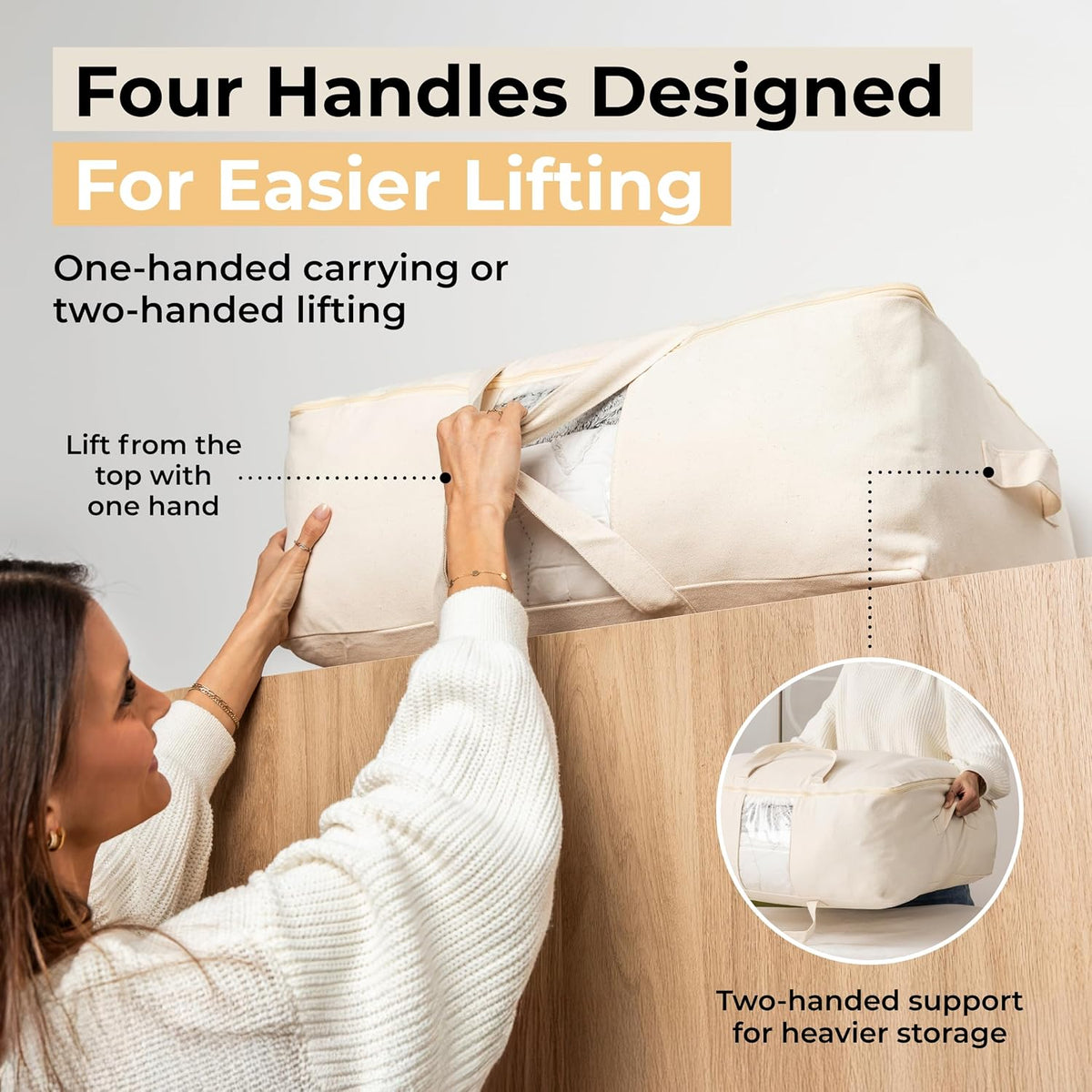 Soft Canvas Storage Bags with Zipper. Thick Breathable, 2pc King/Queen Comforter Organizer. Four Carrying Handles and Window. Large 25x19x9in Bag for Sheets Blankets Bedding Pillows, Clothes